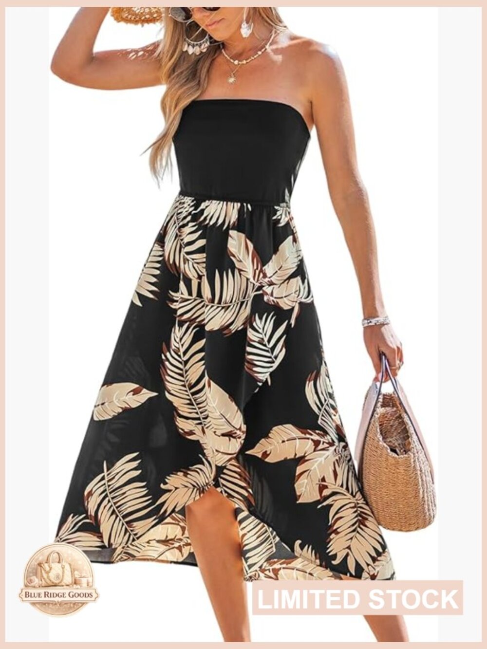 CUPSHE Women Tube Floral Midi Summer Dress Straight Neck Split Hem Tropical - Picture 1 of 6